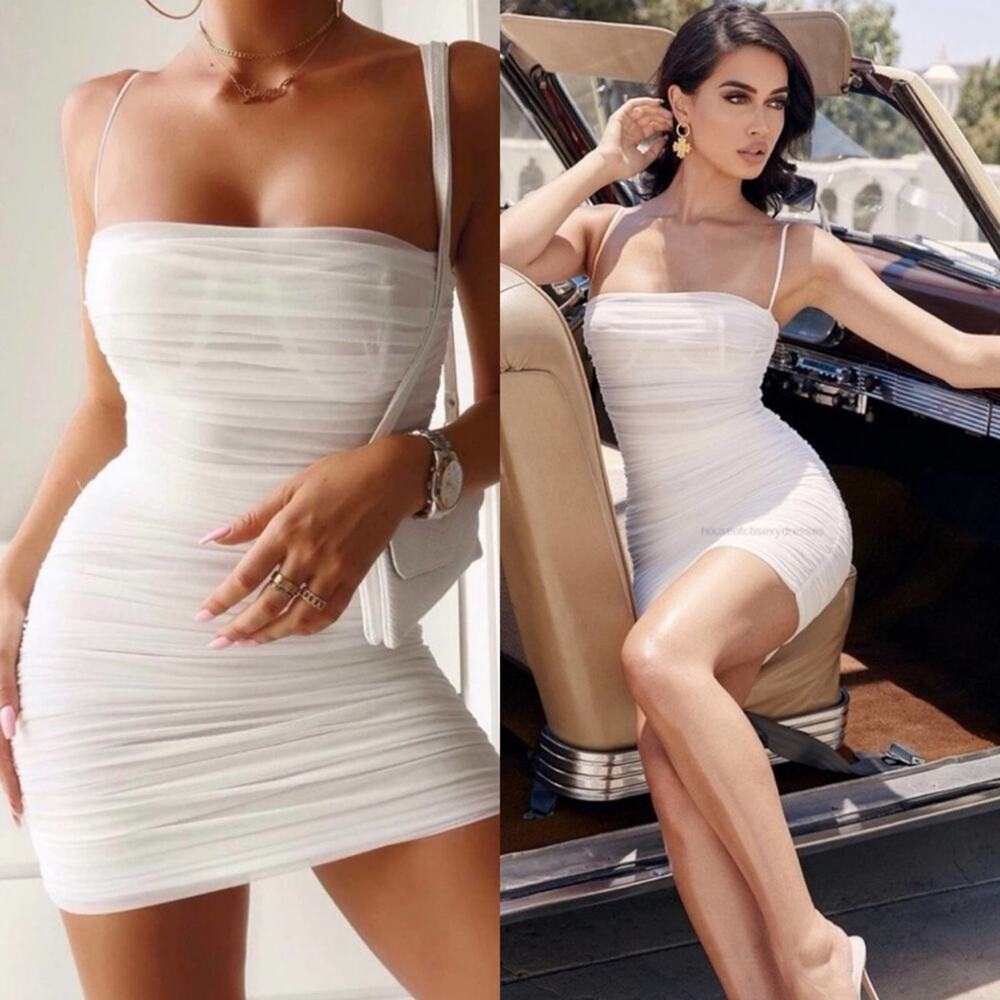 HOUSE OF CB Ella White Ivory Mesh Ruched Mini Sexy Bustier Cup Dress